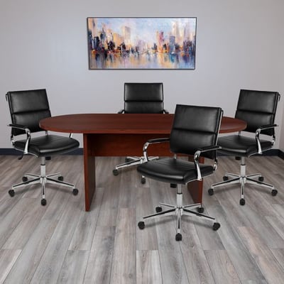 5 Piece Mahogany Oval Conference Table Set with 4 Black LeatherSoft Panel Back Executive Chairs