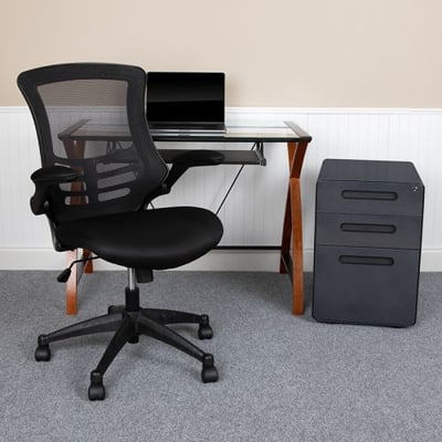 Work From Home Kit - Glass Desk with Keyboard Tray, Ergonomic Mesh Office Chair and Filing Cabinet with Lock & Inset Handles
