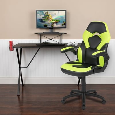 Black Gaming Desk and Green/Black Racing Chair Set with Cup Holder, Headphone Hook, and Monitor/Smartphone Stand