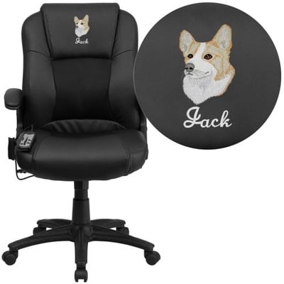 Embroidered Ergonomic Massaging Black LeatherSoft Executive Swivel Office Chair with Arms