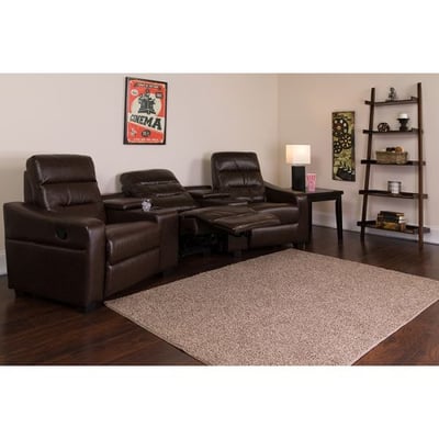 Flash Furniture 3 Seat Futura Series Reclining Leather Theater Seating Unit with Cup Holders, Brown