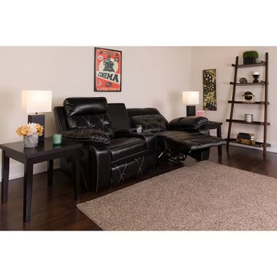 Reel Comfort Series 2-Seat Reclining Black LeatherSoft Theater Seating Unit with Curved Cup Holders