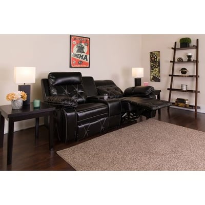 Reel Comfort Series 2-Seat Reclining Black LeatherSoft Theater Seating Unit with Straight Cup Holders