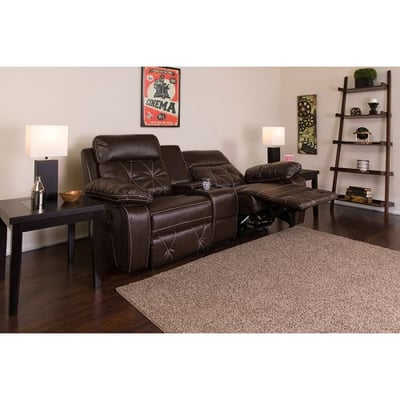 Reel Comfort Series 2-Seat Reclining Brown LeatherSoft Theater Seating Unit with Straight Cup Holders