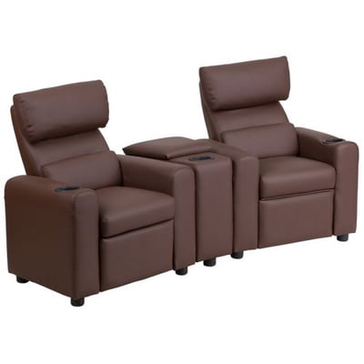 Kid's Brown LeatherSoft Reclining Theater Seating with Storage Console