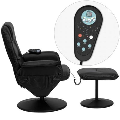 Massaging Multi-Position Recliner with Deep Side Pockets and Ottoman with Wrapped Base in Black LeatherSoft