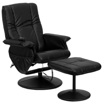 Massaging Multi-Position Recliner and Ottoman with Wrapped Base in Black LeatherSoft
