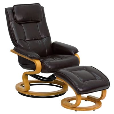 Contemporary Multi-Position Recliner and Ottoman with Swivel Maple Wood Base in Brown LeatherSoft