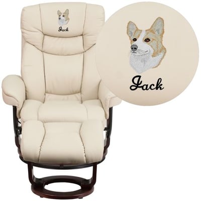 Embroidered Contemporary Multi-Position Recliner and Curved Ottoman with Swivel Mahogany Wood Base in Beige LeatherSoft