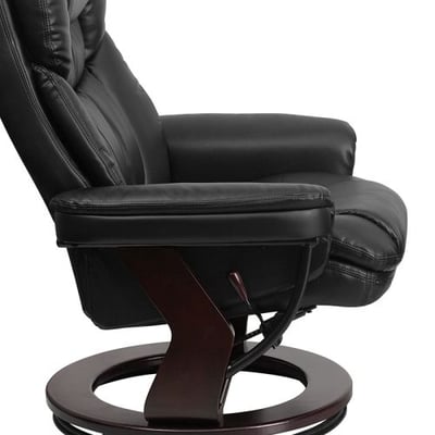 Embroidered Contemporary Multi-Position Recliner and Curved Ottoman with Swivel Mahogany Wood Base in Black LeatherSoft