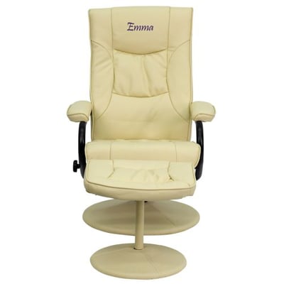 Personalized Contemporary Multi-Position Recliner and Ottoman with Wrapped Base in Cream LeatherSoft