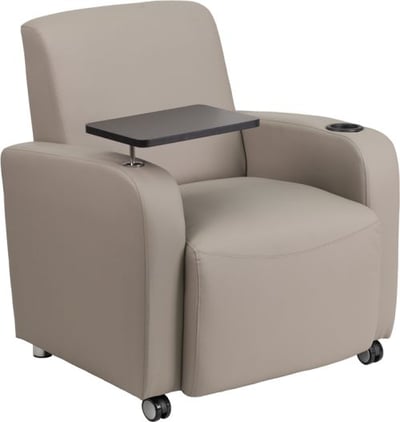 Gray LeatherSoft Guest Chair with Tablet Arm, Front Wheel Casters and Cup Holder