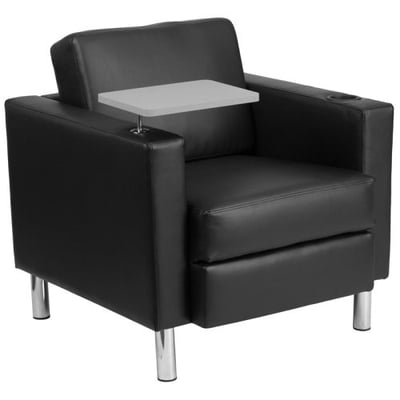 Black LeatherSoft Guest Chair with Tablet Arm, Tall Chrome Legs and Cup Holder