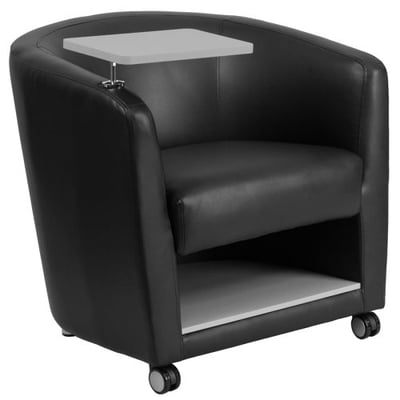 Black LeatherSoft Guest Chair with Tablet Arm, Front Wheel Casters and Under Seat Storage