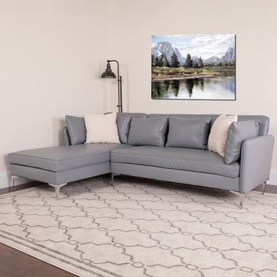 Back Bay Upholstered Accent Pillow Back Sectional with Left Side Facing Chaise in Gray LeatherSoft