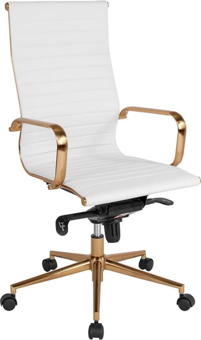 High Back White Ribbed LeatherSoft Executive Swivel Office Chair with Gold Frame, Knee-Tilt Control and Arms