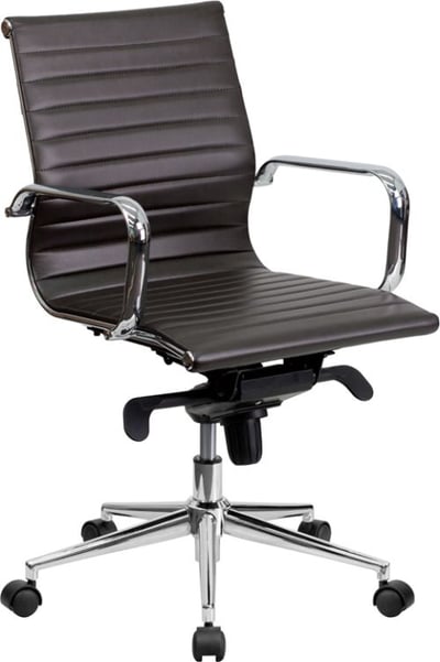 Mid-Back Brown Ribbed LeatherSoft Swivel Conference Office Chair with Knee-Tilt Control and Arms
