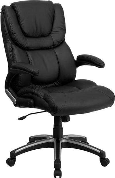 High Back Black LeatherSoft Executive Swivel Office Chair with Double Layered Headrest and Open Arms