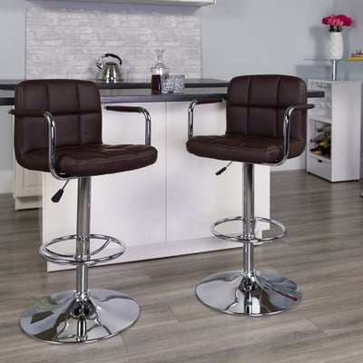 Contemporary Brown Quilted Vinyl Adjustable Height Barstool with Arms and Chrome Base
