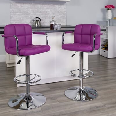 Contemporary Purple Quilted Vinyl Adjustable Height Barstool with Arms and Chrome Base