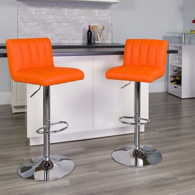 Contemporary Orange Vinyl Adjustable Height Barstool with Vertical Stitch Back/Seat and Chrome Base