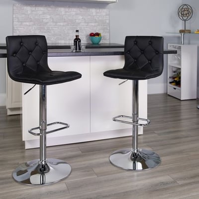 Contemporary Button Tufted Black Vinyl Adjustable Height Barstool with Chrome Base