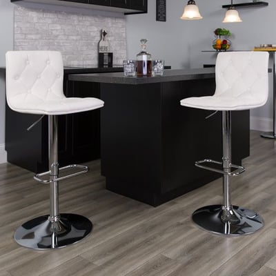 Contemporary Button Tufted White Vinyl Adjustable Height Barstool with Chrome Base