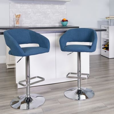 Contemporary Blue Fabric Adjustable Height Barstool with Rounded Mid-Back and Chrome Base