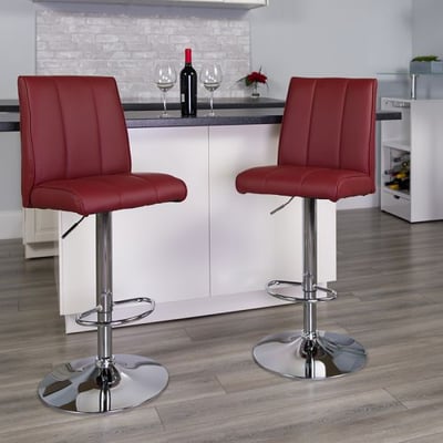 Contemporary Burgundy Vinyl Adjustable Height Barstool with Vertical Stitch Panel Back and Chrome Base