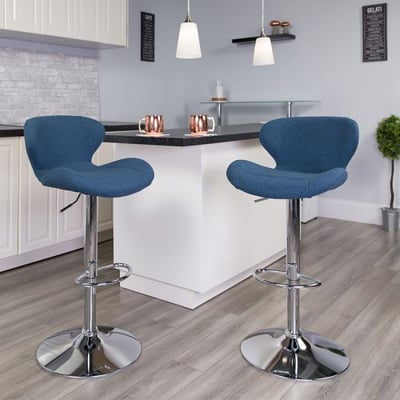 Contemporary Blue Fabric Adjustable Height Barstool with Curved Back and Chrome Base