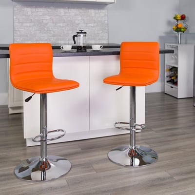 Modern Orange Vinyl Adjustable Bar Stool with Back, Counter Height Swivel Stool with Chrome Pedestal Base