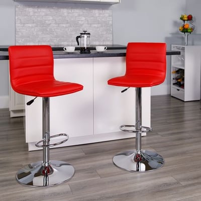 Modern Red Vinyl Adjustable Bar Stool with Back, Counter Height Swivel Stool with Chrome Pedestal Base