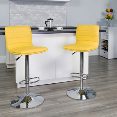 Modern Yellow Vinyl Adjustable Bar Stool with Back, Counter Height Swivel Stool with Chrome Pedestal Base