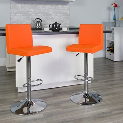 Contemporary Orange Vinyl Adjustable Height Barstool with Panel Back and Chrome Base