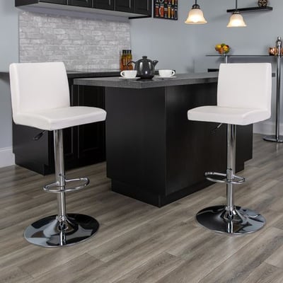 Contemporary White Vinyl Adjustable Height Barstool with Panel Back and Chrome Base