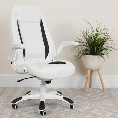 High Back White LeatherSoft Executive Swivel Ergonomic Office Chair with Flip-Up Arms