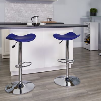 Contemporary Blue Vinyl Adjustable Height Barstool with Wavy Seat and Chrome Base