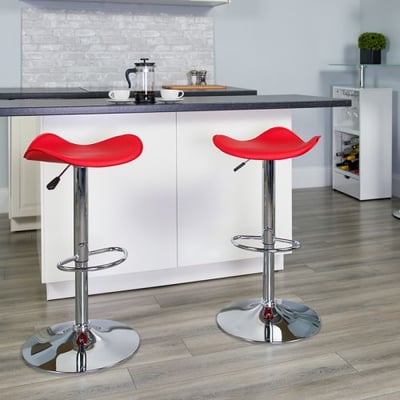 Contemporary Red Vinyl Adjustable Height Barstool with Wavy Seat and Chrome Base