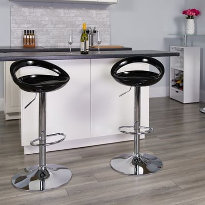 Contemporary Black Plastic Adjustable Height Barstool with Rounded Cutout Back and Chrome Base