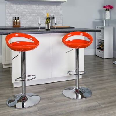 Contemporary Orange Plastic Adjustable Height Barstool with Rounded Cutout Back and Chrome Base
