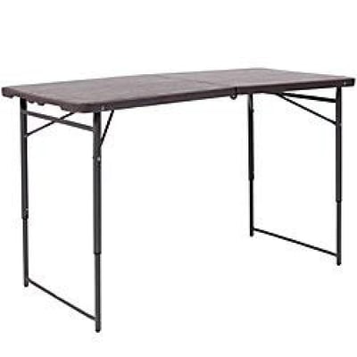 4.02-Foot Height Adjustable Bi-Fold Brown Wood Grain Plastic Folding Table with Carrying Handle