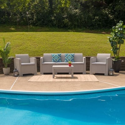 4 Piece Outdoor Faux Rattan Chair, Sofa and Table Set in Light Gray