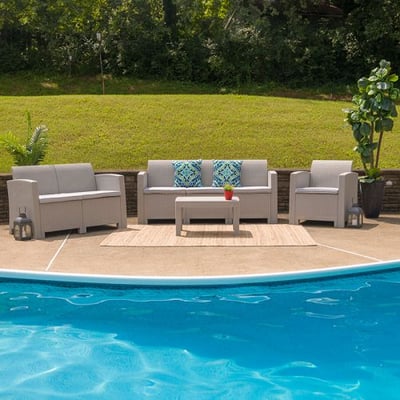 Flash Furniture 4 Piece Outdoor Faux Rattan Chair, Loveseat, Sofa and Table Set in Charcoal