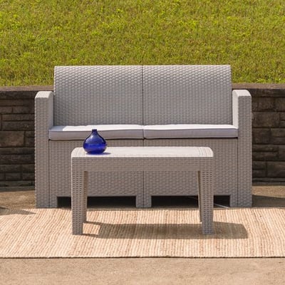 Light Gray Faux Rattan Loveseat with All-Weather Light Gray Cushions