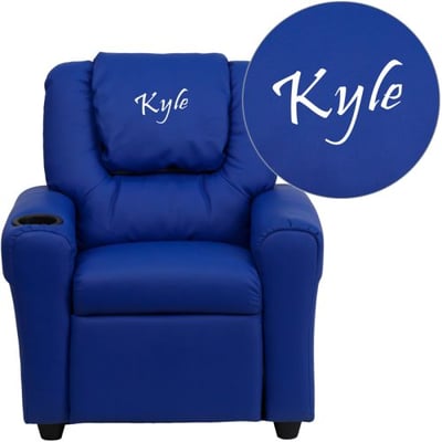 Personalized Blue Vinyl Kids Recliner with Cup Holder and Headrest