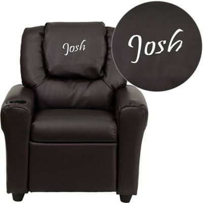 Personalized Brown LeatherSoft Kids Recliner with Cup Holder and Headrest