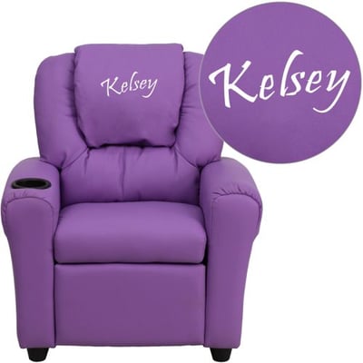 Personalized Lavender Vinyl Kids Recliner with Cup Holder and Headrest
