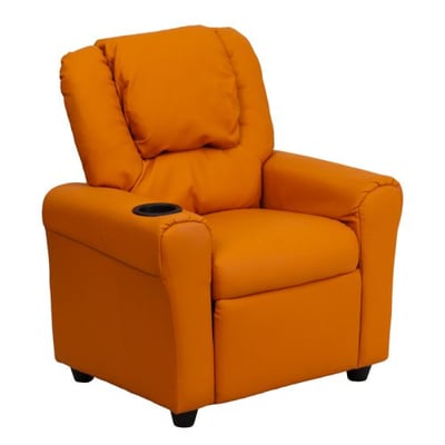 Contemporary Orange Vinyl Kids Recliner with Cup Holder and Headrest