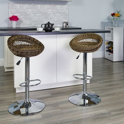 Contemporary Wicker Rounded Back Adjustable Height Barstool with Chrome Base