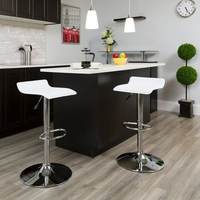 Contemporary White Vinyl Adjustable Height Barstool with Solid Wave Seat and Chrome Base